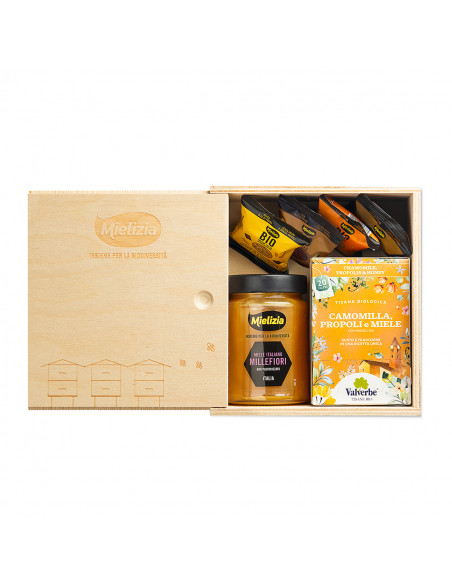 Cofanetto in legno - Idea regalo con miele, frollini e tisana Cofanetto in legno - Idea regalo con miele, frollini e tisana
