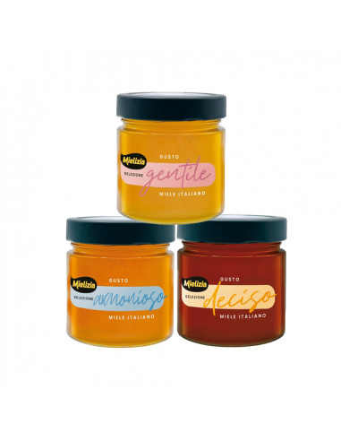 Cofanetto regalo "Selezione" - 3 vasetti da 300g di miele italiano e spargimiele in legno