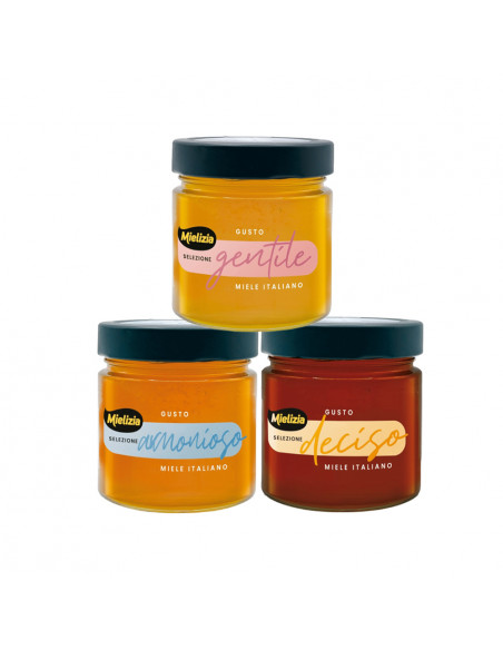 Cofanetto regalo "Selezione" - 3 vasetti da 300g di miele italiano e spargimiele in legno Cofanetto regalo "Selezione" - 3 vasetti da 300g di miele italiano e spargimiele in legno